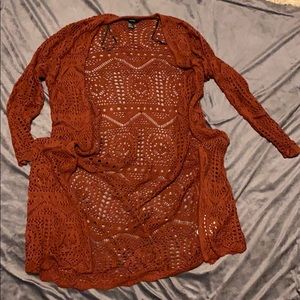 Maxi length crochet brick red cardigan